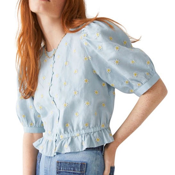 & Other Stories Tops - & Other Stories Sky Blue Daisy Embroidered Puff-Sleeve Blouse